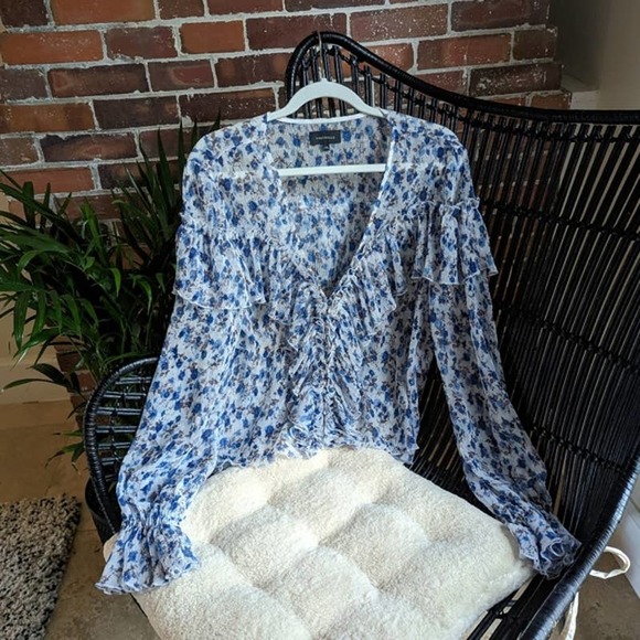 MAJORELLE Floral Ruffle Blouse in Blue and White - Picture 3 of 5